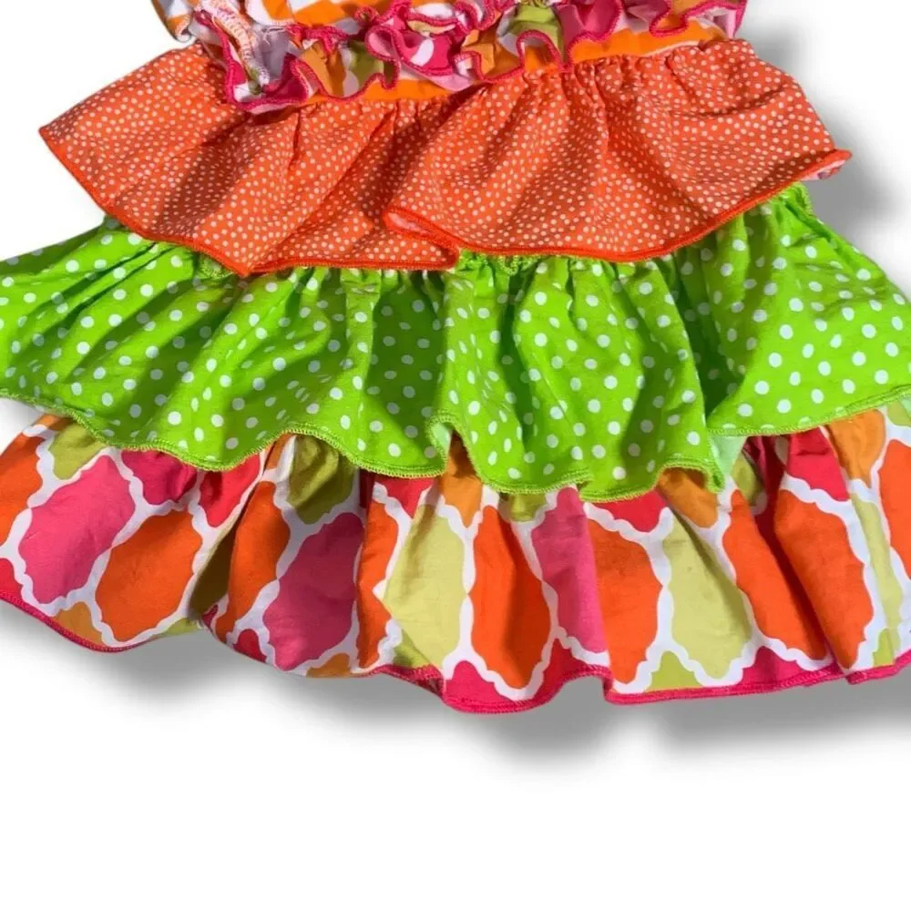 Rare Editions Infant Girls’ Orange‎ Striped Floral Appliqué Tiered Ruffle Dress